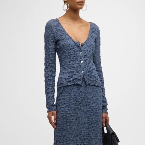 Vince Smocked Long Sleeve Button Front Top in Steel Blue— Womens Medium - Picture 2 of 11